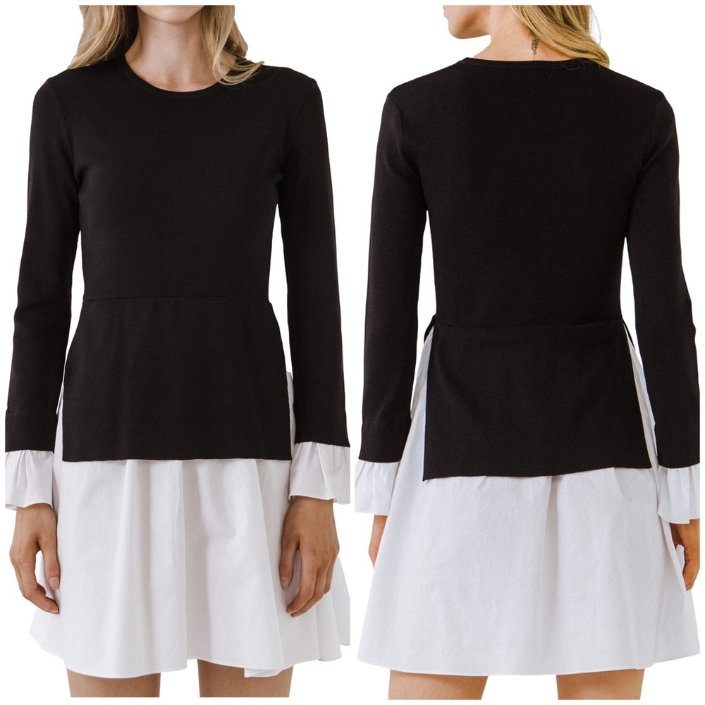 English Factory Black Long-Sleeve Layered Dress with White Skirt